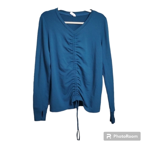 Ideology top women’s size medium blue cinch front crop long sleeve v-neck - Picture 5 of 12